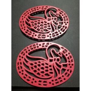 2 Red Cast Iron Christmas Swan Trivet Vintage Avon Holiday Goose Wall Hanger